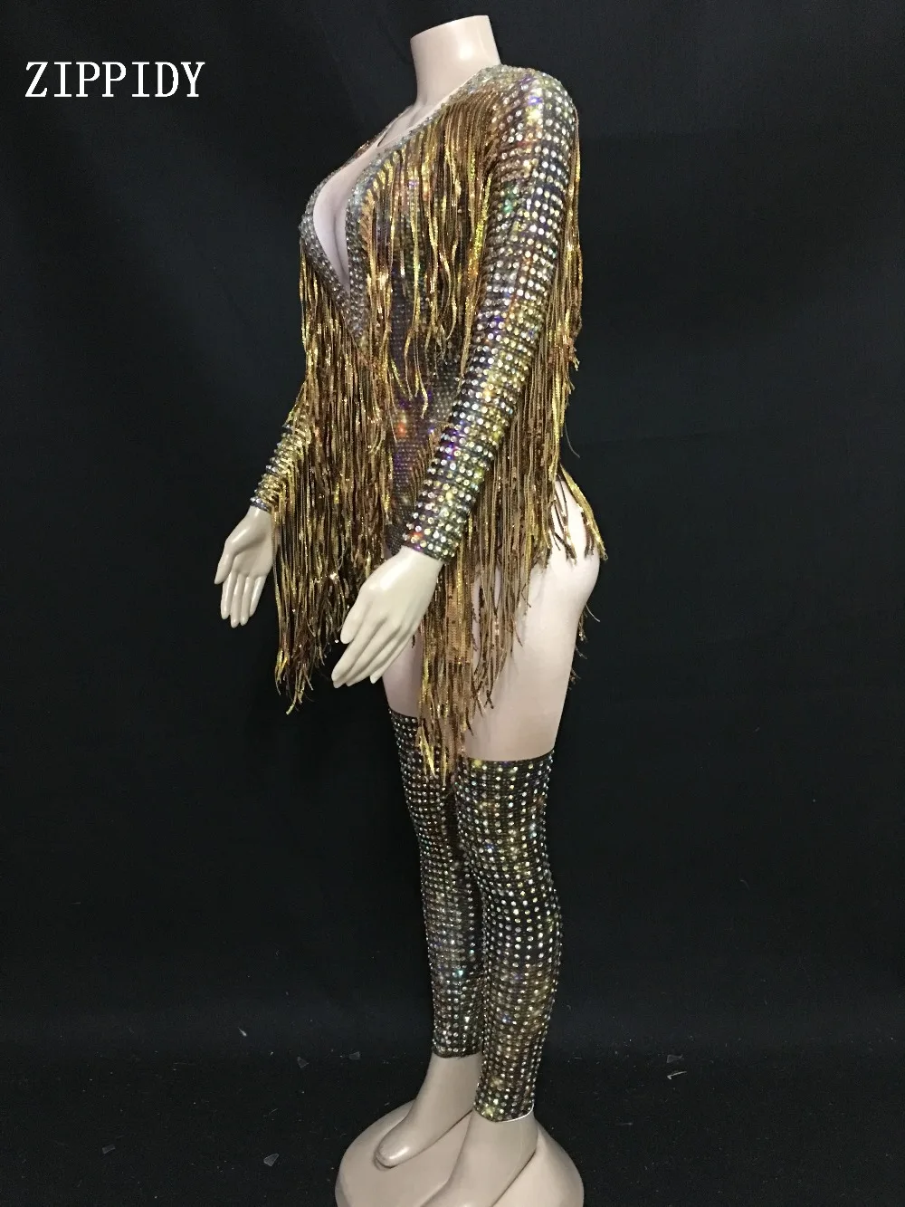 Gold Fringes Rhinestones Sexy Bodysuit Women Jazz Dance Big Stretch Leotard Outfit Evening Show One-piece Sexy Costume Wear