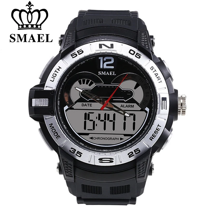 Мужские часы SMAEL большой циферблат светодиодный цифровые водонепроницаемые