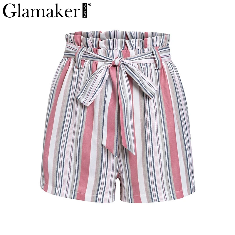 Женские шорты с высокой талией Glamaker свободные весенние в полоску оборками и