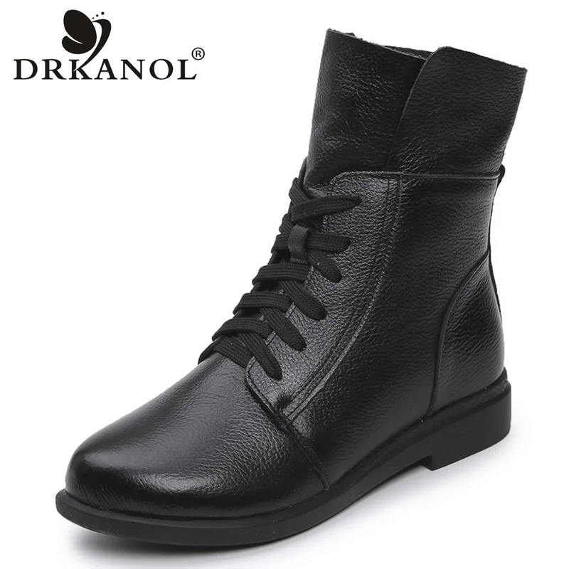 

DRKANOL Fashion Cow Genuine Leather Women Ankle Boots Square Heel Short Boots Ladies Lace Up Motorcycle Boots Black Red Booties