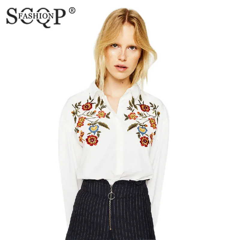 SCQP мода Для женщин симметрии цветочный Вышивка Блузки для малышек с длинным