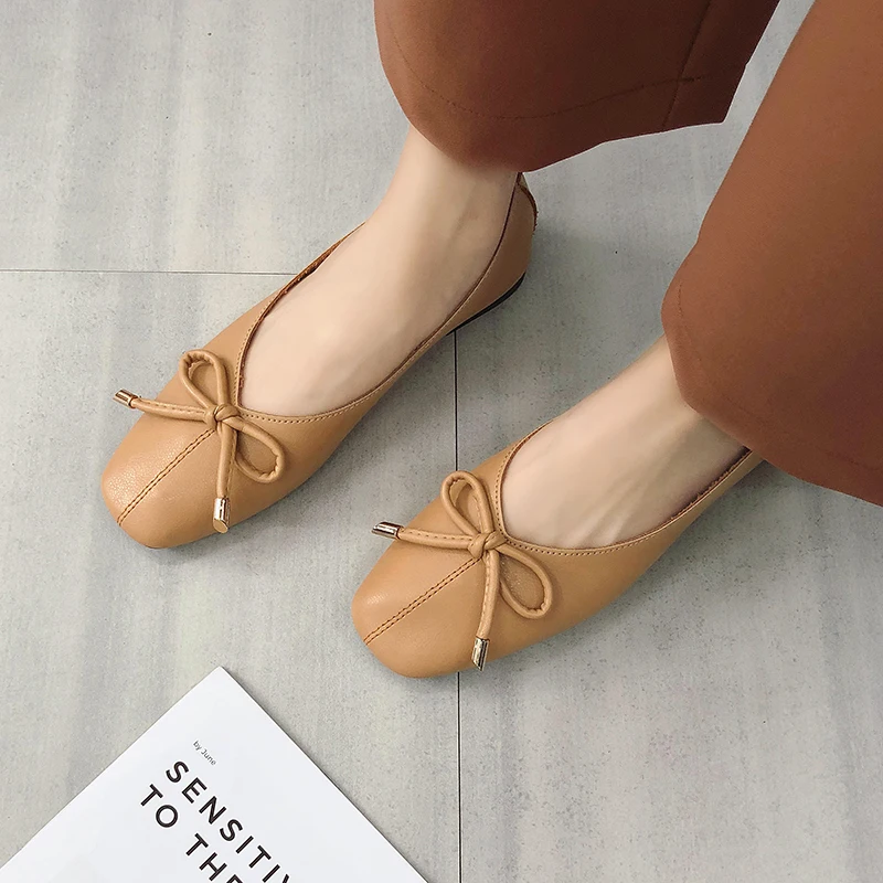 Женские балетки на плоской подошве с бантом Черные Водонепроницаемые мокасины