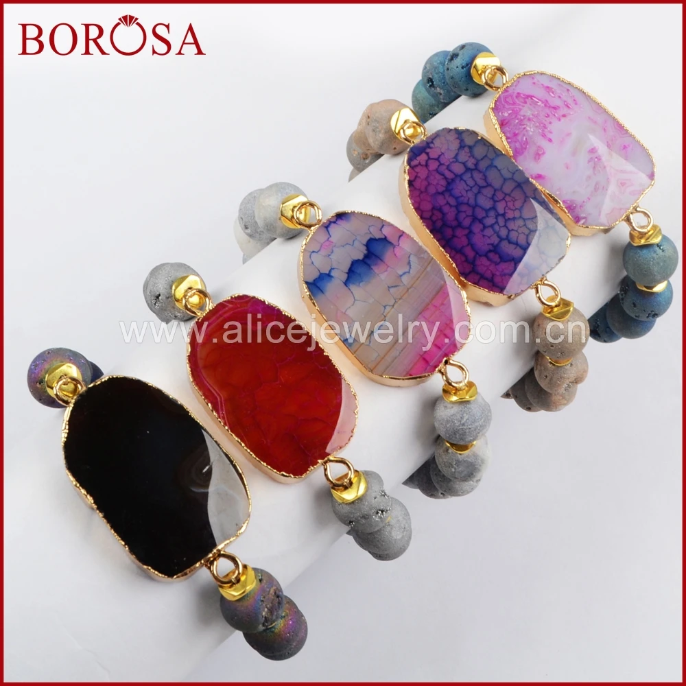 

BOROSA New Drusy Bracelets for Women, Gold Color Rainbow Fire Onyx Agates Bracelet With 10mm Titanium Druzy Stone Beads G1432