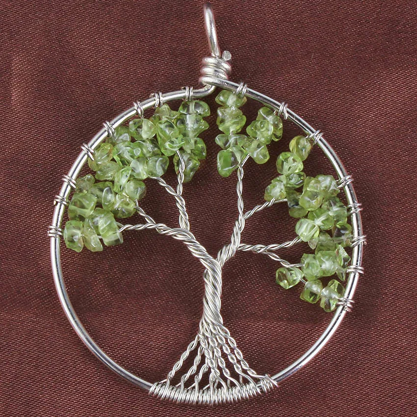 

Trendy-beads Silver Plated Wire Wrap Natural Olivine Stone Tree of Life Pendant For Gift Plant Jewelry