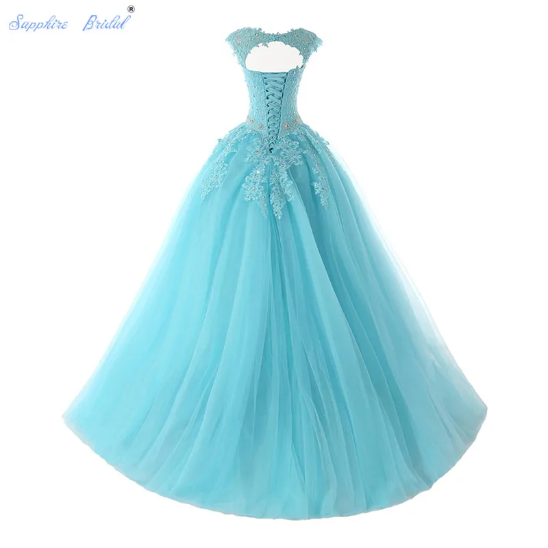 Сапфировое свадебное длинное вечернее платье Vestido De 15 Anos Cap Sleeve кружевное с