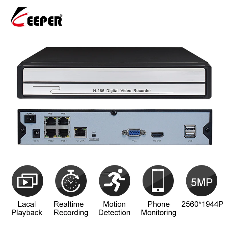 Хранитель 4CH 5MP NVR POE 1944P CCTV NVR 52V PoE для H.265 2MP 5MP IP камера P2P ONVIF сетевой видеорегистратор