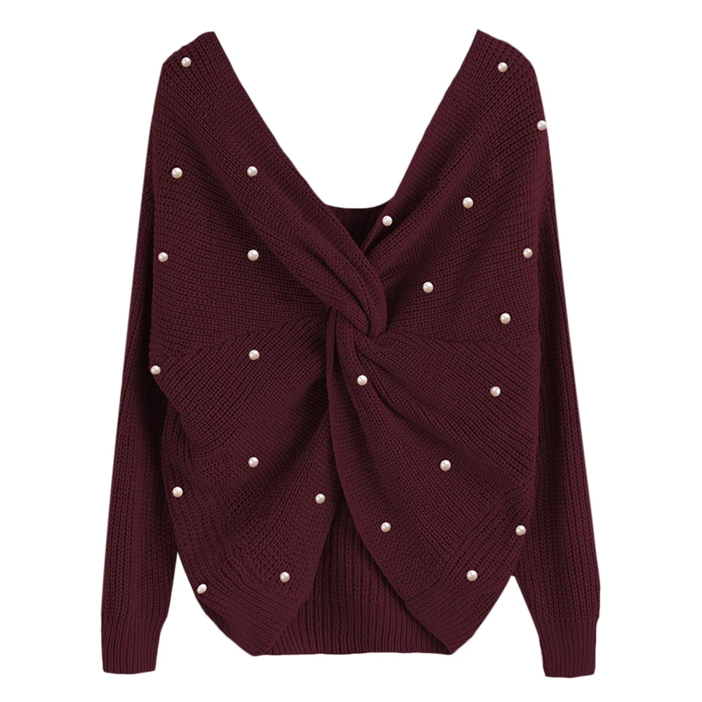 Back V Neck Pearl Beaded Detail Twist Sweater 2018 Fashion Long Sleeve Plain Pullovers Sweaters Women Casual Knitting Jumper | Женская