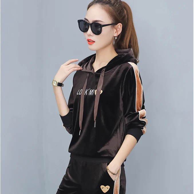 

Autumn new pleuche women korean fashion long-sleeved casual hoodies pants suit two-piece casual hoody outfit letter velvet sets