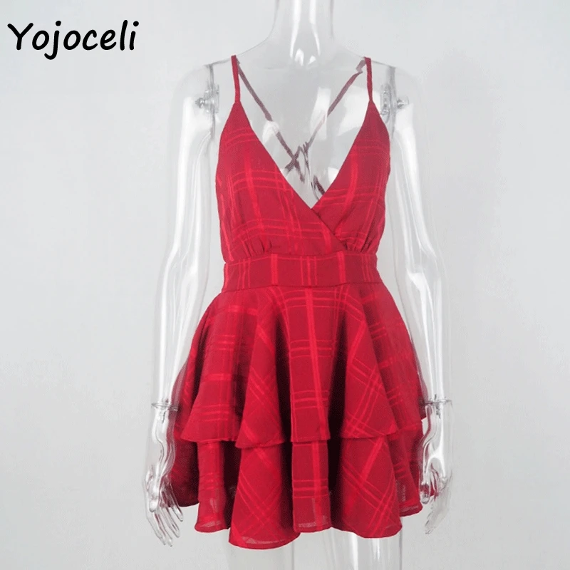 Yojoceli sexy boho beach ruffle jumpsuit romper summer 2019 plaid v neck strap playsuit party bow rompers | Женская одежда