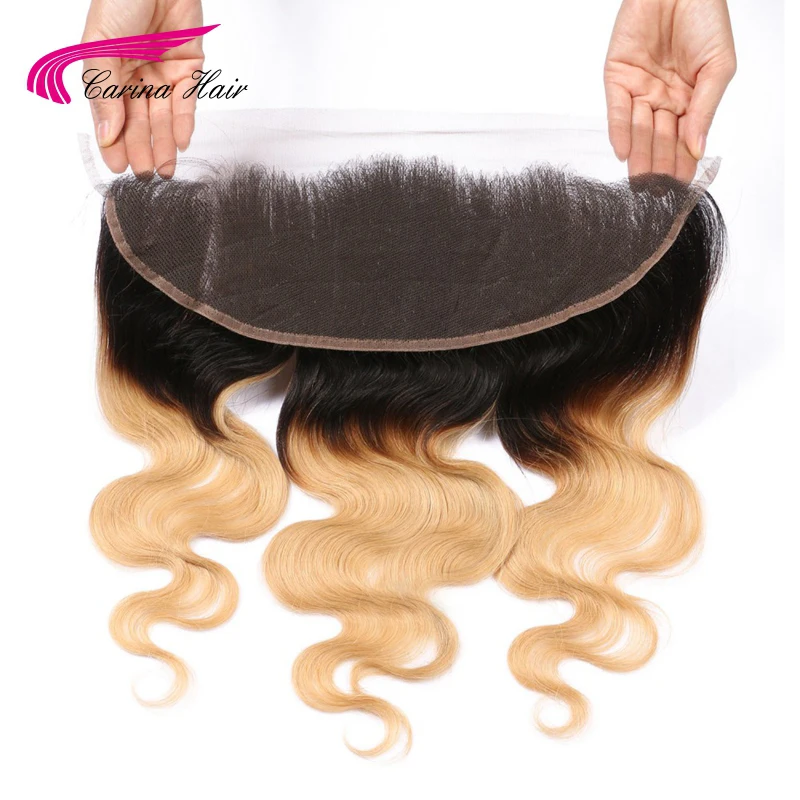Carina Hair Ombre Color T1B/27# 13*4 Ear to Lace Frontal Closure Swiss Bleached Knots Brazilian Remy Free Shipping | Шиньоны и парики