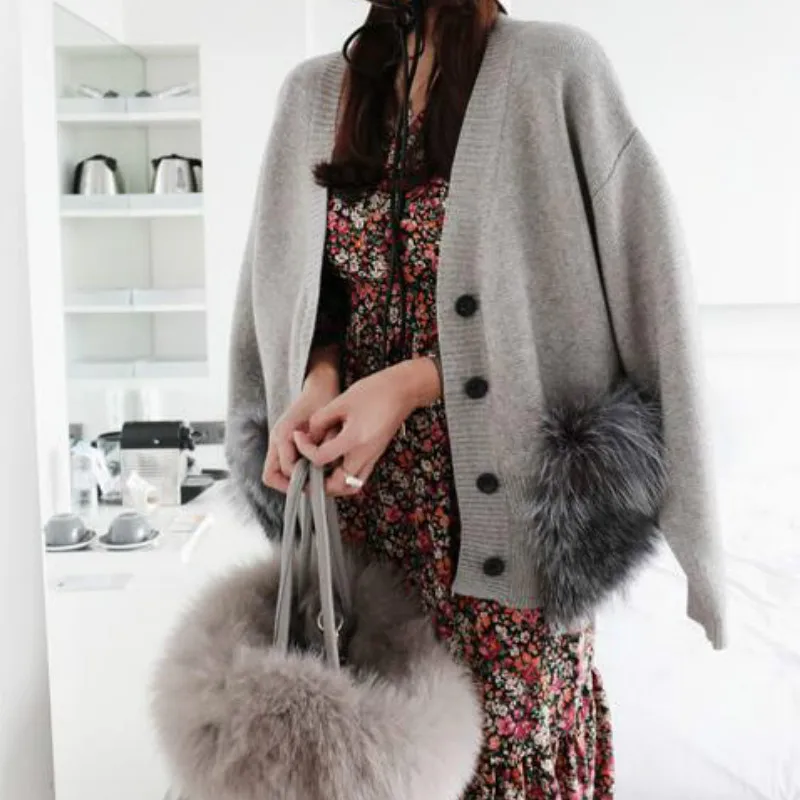 Elegant Autumn Winter Women's Faux Fur Double Pockets V-neck Knitted Cardigan Single-breasted Sweater Coat Long Sleeve OL Tops |