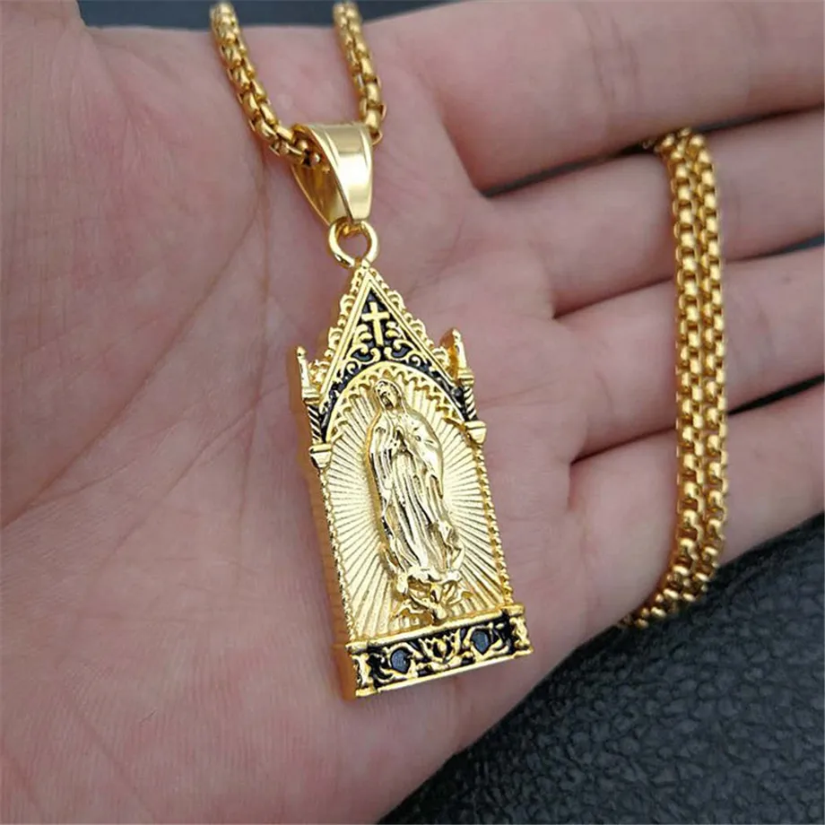 

Hip Hop Iced Out Virgin Mary Necklaces Pendants Gold Color Stainless Steel Chain For Women Christian Jewelry Madonna XL1296