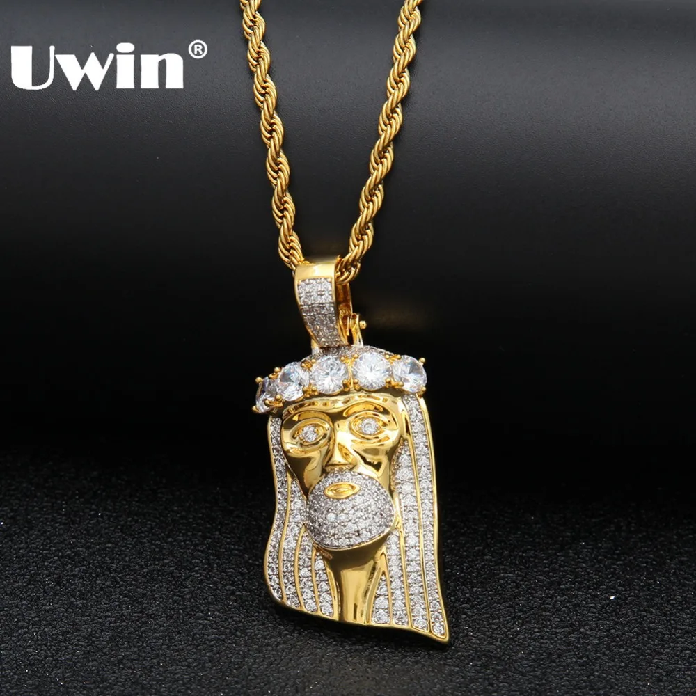 

Uwin Gold Color Religious Jesus Full Iced Out Cubic Zirconia Necklace Pendant Hiphop Jewelry For Men Women With Rope Chain
