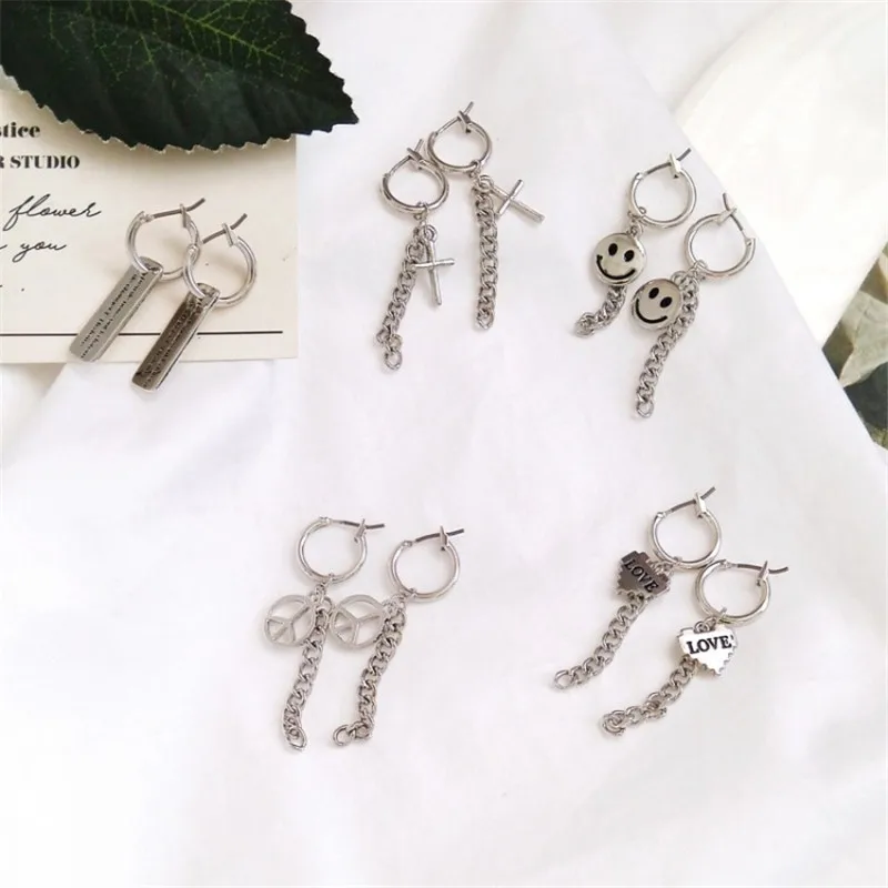 Простые и модные серьги панк хип хоп крест улыбка любовь/Сердце Тег кисточки