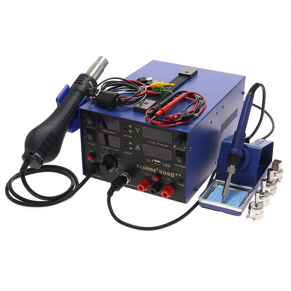 SAIKE 909D 909D++ фена паяльная станция всасывающая станция DC Регулируемый источник питания 15 в 2A термостат паяльник