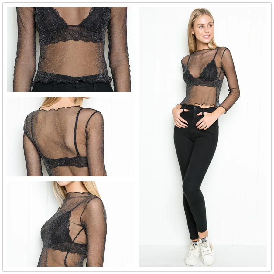 Moda jihan новые женские футболки перспективная сетка Блестящий кроп топы с гофрированной отделкой 3/4 рукав топы футболки Рене блеск Топы И Футболки