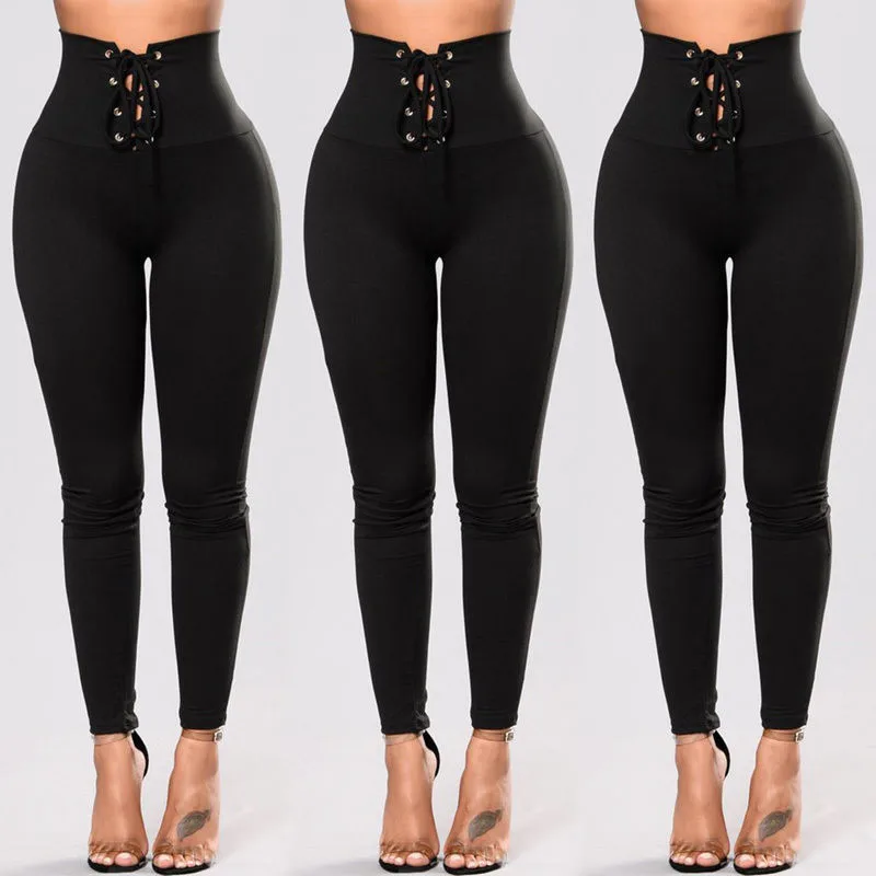 Сексуальные женские леггинсы на шнуровке с высокой талией облегающие для