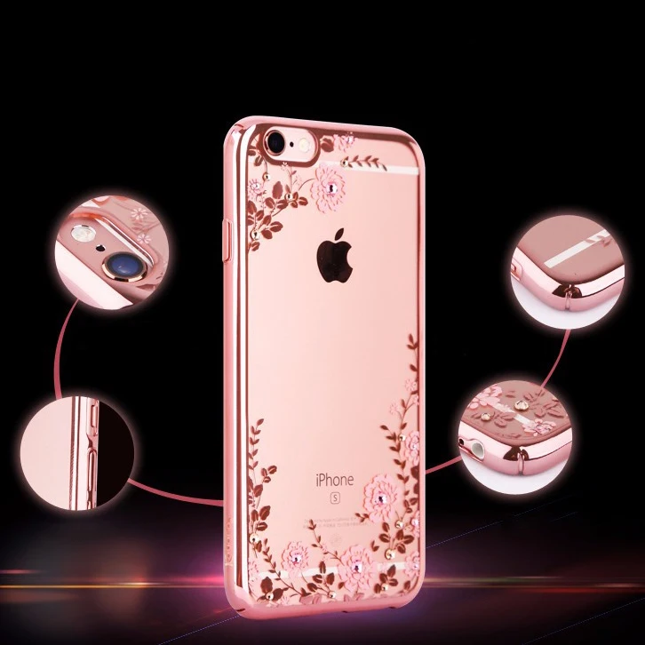 Capinha Para Chic Flower Flora Bling Diamond Rhinestone Clear Soft TPU Case For iPhone XS MAX XR X 6S 5S SE 8 6 7 Plus |