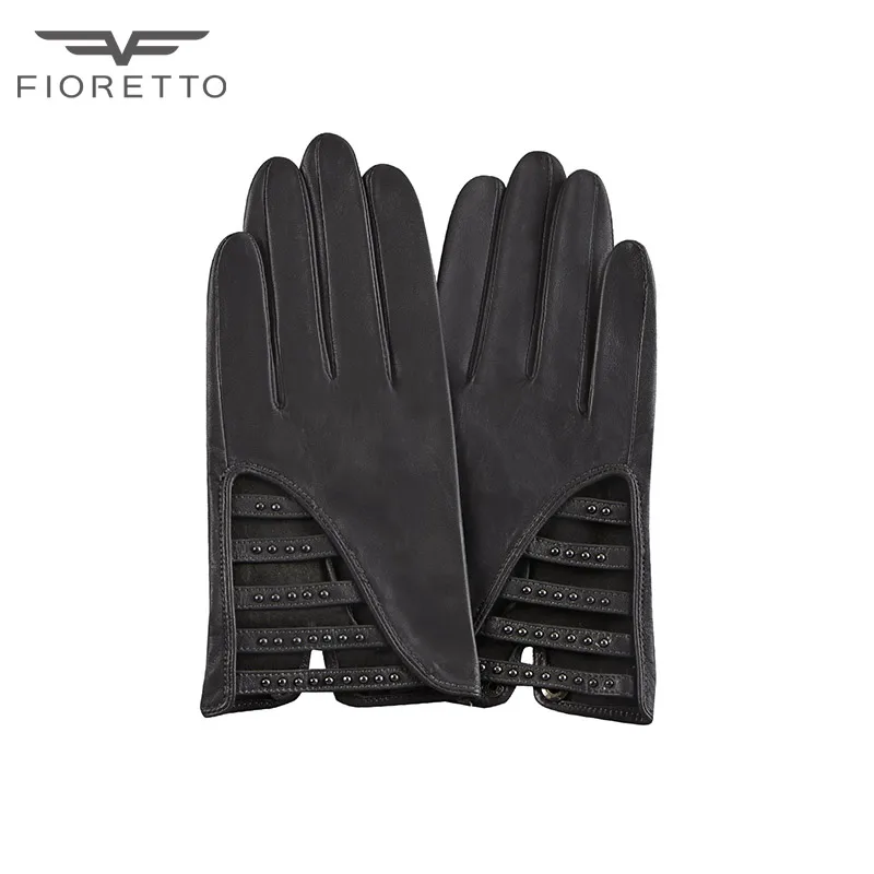 

Fioretto Women Leather Gloves New Fashion Ladies Mittens Rivets Strap Punk Grey Black Gloves Hollow Leather Driving Gloves Women