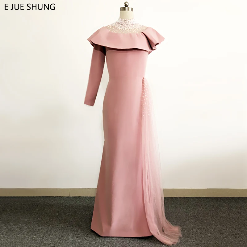 

E JUE SHUNG Pink Arabic Mermaid Evening Dresses Long 2018 One Long Sleeve Pearls Evening Gowns Formal Dresses Elegant