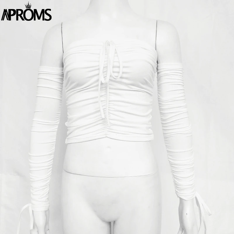 Aproms крутые топы с открытыми плечами, Повседневная плиссированная белая футболка с рюшами, женская укороченная футболка с коротким рукавом, женская одежда