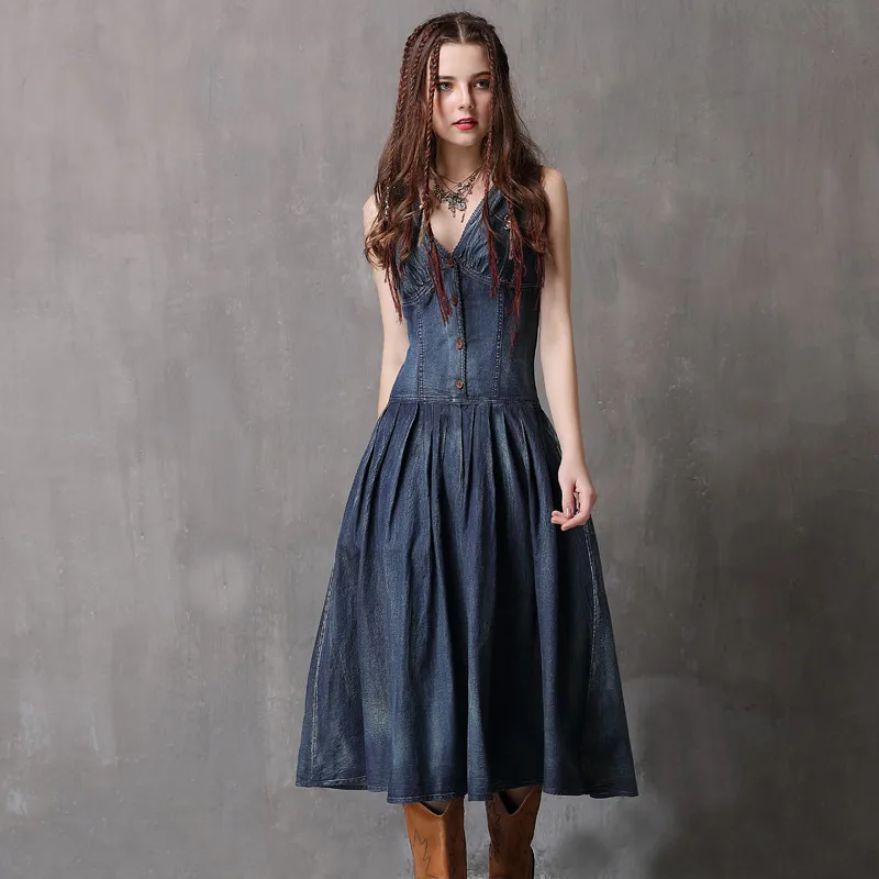 Винтажное летнее платье с глубоким v образным вырезом 2018 Boho новые джинсовые