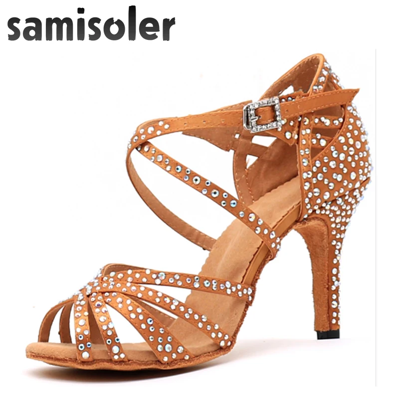 Samisoler Latin Dance Shoes Women with Black Satin tango jazz Salsa Rhinestone Shoes Dance For Women Ballroom Dancing Shoes Hig
