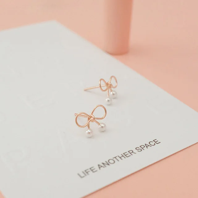 bow pearl rose golden earrings 100% 925 Sterling silver Jewelry fashion Hypoallergenic Stud for women girl gift | Украшения и
