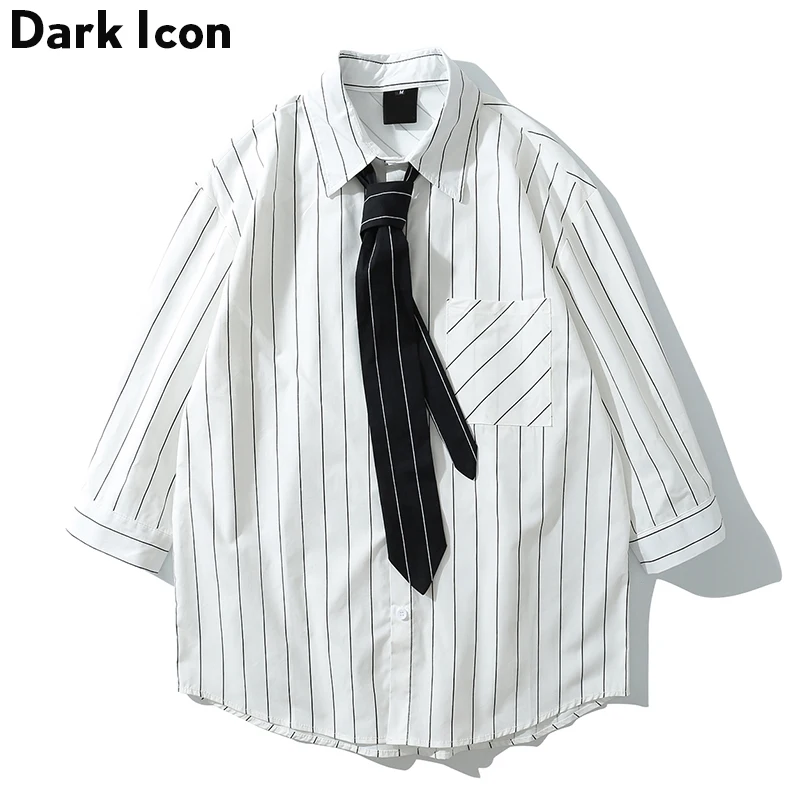 Темная икона полосатая рубашка с галстуком 2019 летняя новая мода большие мужские