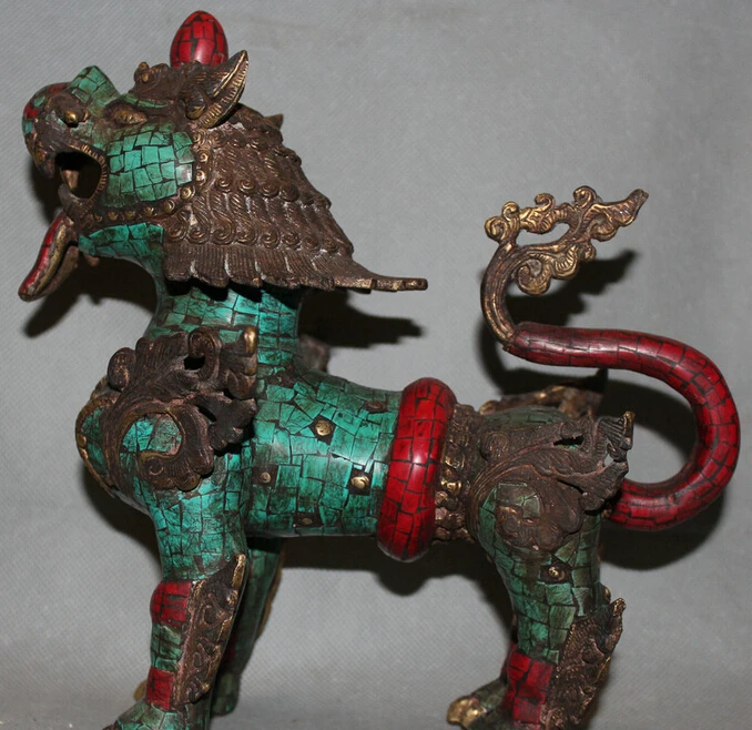 JP S62 10&quotOld Tibet Tibetan Buddhism Bronze turquoise Fengshui Kylin Beast Qilin Statue | Дом и сад