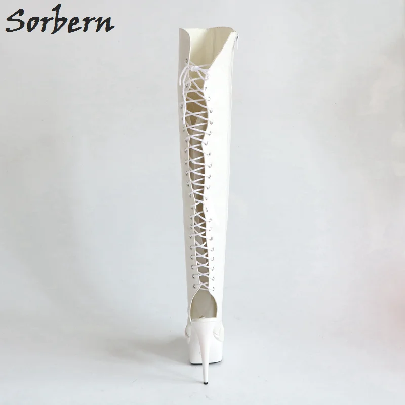 Sorbern Fashion Over The Knee Boots For Women Open Toe Lace Up Back Custom Leg White Boots Opening Of The Boot Women Wide Fit