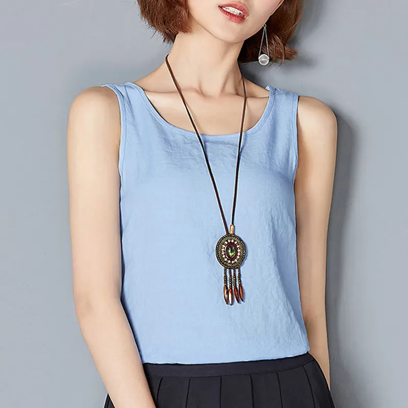 Коллекция 2017 года Модные дышащие майки из хлопка и льна большого размера женский