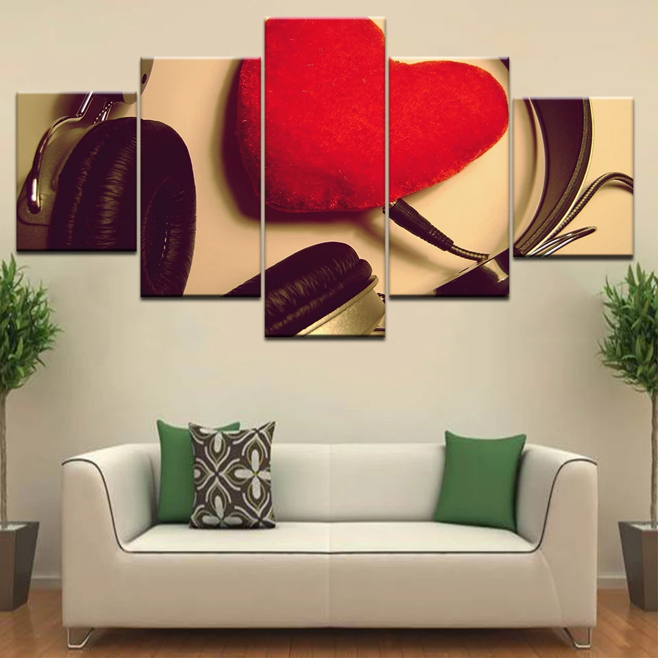 5 Panel/piece HD Print Take headphones red heart love fashion wall posters Canvas Art Painting For home living room decoration | Дом и сад