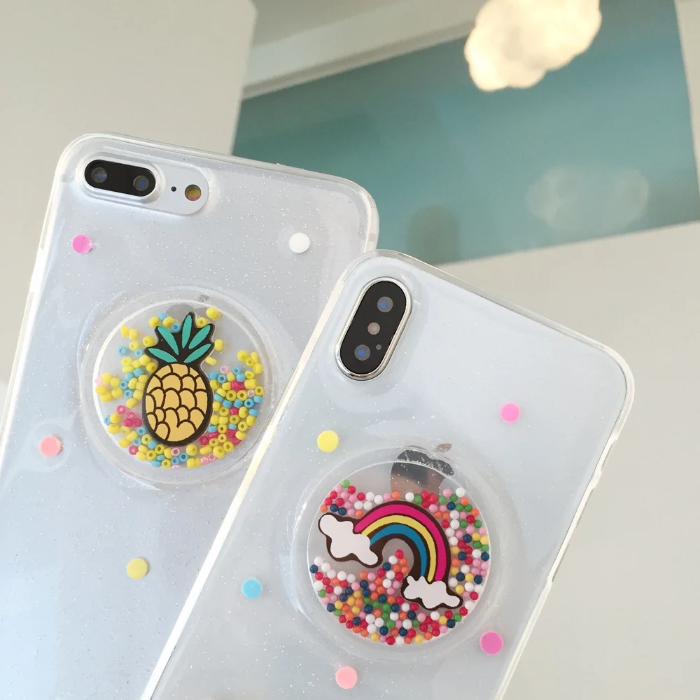 VANFOO Rainbow Pineapple Epoxy Case For iPhone X 7 8 Plus 6 6S Glitter Powder Moving Balls Transparent Soft TPU Phone Back Cover |