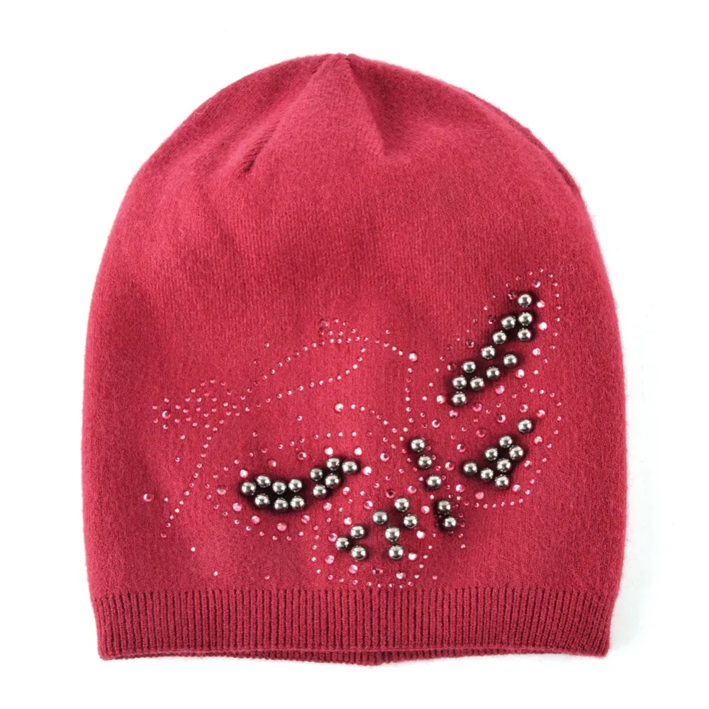 Ladies Knitted Bonnet Beanies Cap Women Pearls Butterfly Rhinestone Rabbit Wool Hat For Girls Autumn And Winter Female Skullies |