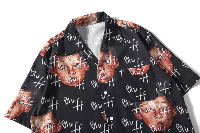 Bluff Boy Рубашки с принтом Мужские Женские летние с коротким рукавом Японская уличная одежда хип-хоп рок рубашки Гавайские пляжные повседневные рубашки