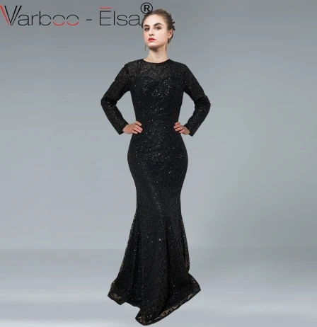 VARBOO_ELSA Новое роскошное блестящее вечернее платье с длинными рукавами элегантное вечернее платье в пол с русалочкой черное платье De Soiree - Цвет: as picture-black