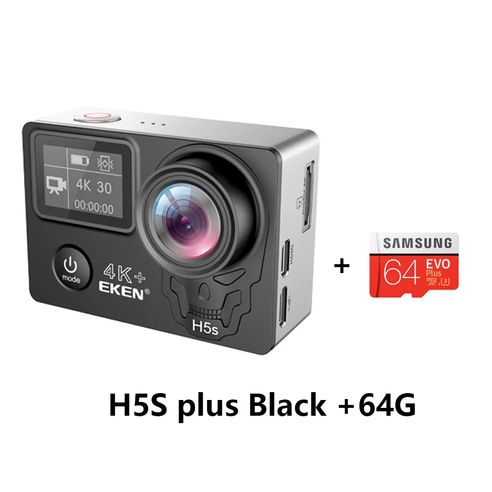 Black add 64 card Eken H5s Plus 4K+ камера с сенсорным экраном Ambarella A12 чипсет 4K стабилизация изображения WiFi сенсор sony 2,0 дюймов сенсорный экран - Цвет: Black add 64 card