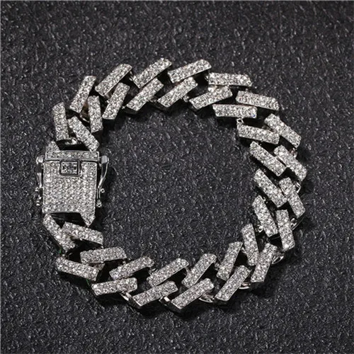 Silver Полная AAA 20 см кубинская цепь Bling Iced Out Циркон Стразы проложили Стразы мужские браслеты для мужчин хип-хоп ювелирные изделия - Окраска металла: Silver