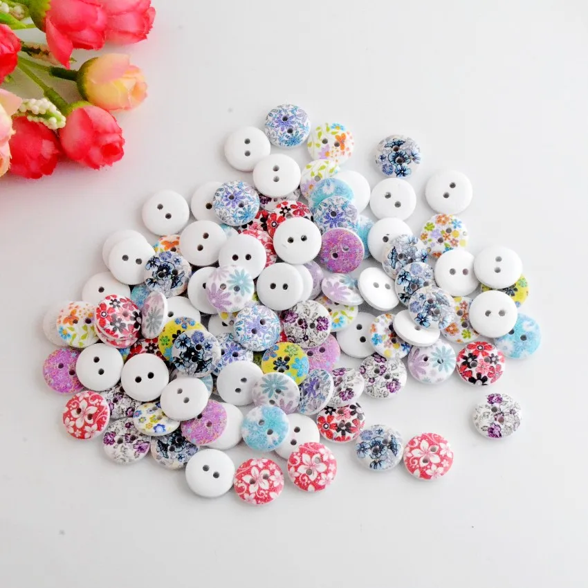 Детские кнопки для скрапбукинга круглые с 2 отверстиями и цветочным узором 50 шт.