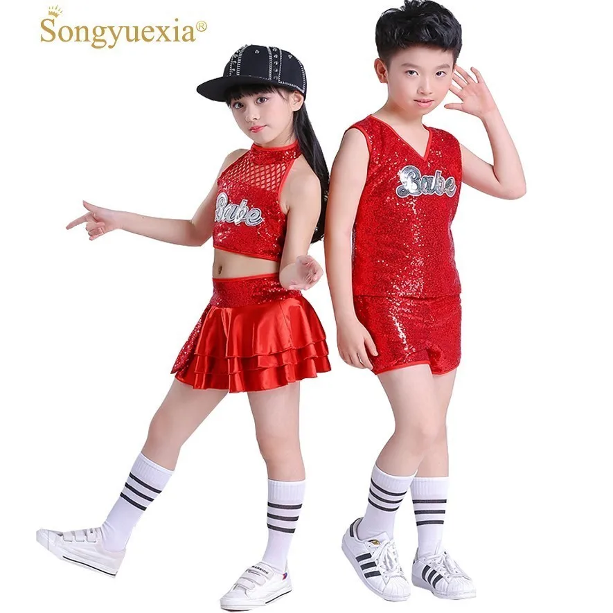 

Songyuexia jazz dance costume girl Red hip hop dance costumes kids cheerleader costume girl boy dance wear Stage dance Costumes