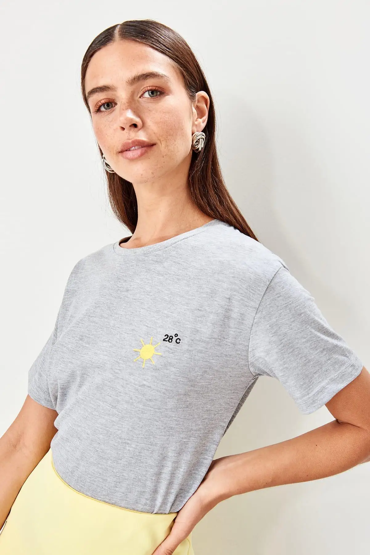 Trendyol серые вышитые Базовые Трикотажные футболки TWOSS19TS0073|Футболки| |