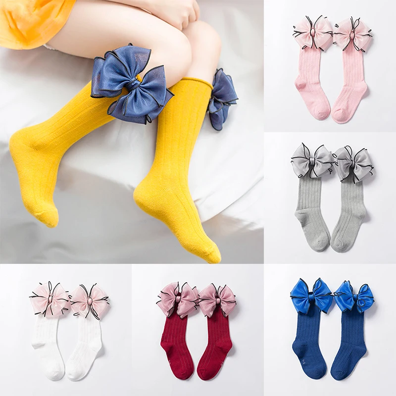 Calcetines con lazos para ni&ntilde;as, medias largas hasta la rodilla de algod&oacute;n, Color caramelo-0