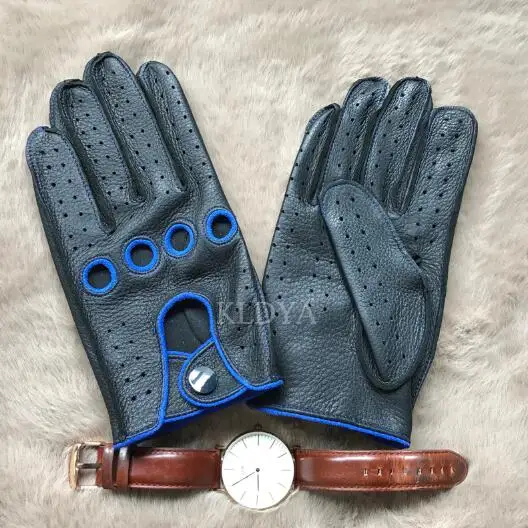 black blue Осенние и зимние мужские перчатки из натуральной кожи новые модные брендовые Осенние Теплые Перчатки без Подкладки перчатки из сафьяна - Цвет: black blue