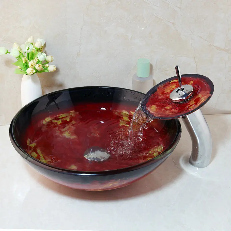 JIENI красный мрамор вены двойной слой закаленное стекло сосуд Раковина Ванная комната Водопад кран Раковина Набор необходимые аксессуары