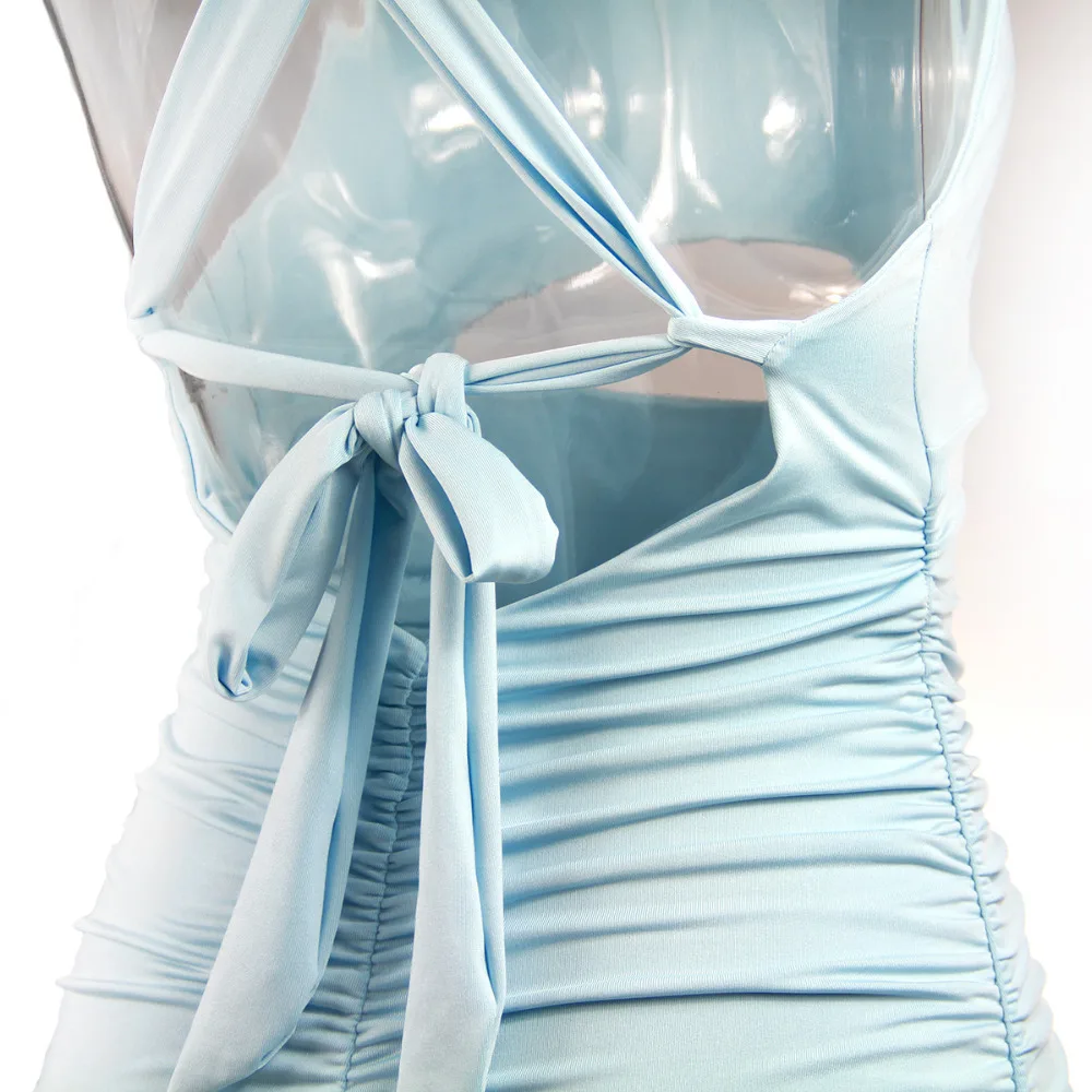 

Sexy Backless Cross Bandage Mini Dress Women Solid Ruched Sleeveless Hollow Out Lace Up Bow Dresses Bodycon Party Club Dress New