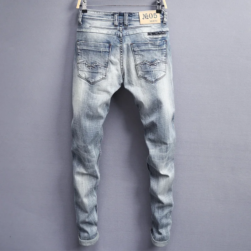 Джинсы мужские рваные в стиле хип хоп модные эластичные штаны Slim Fit цвет голубой