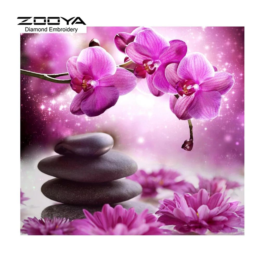 Новинка Алмазная 5D Вышивка крестиком фиолетовый цветок и камень круглая