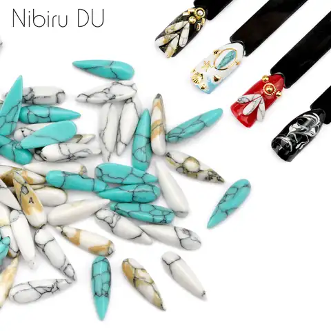 15 pcs., Natural turquoise marble stones, seeds, drops of drops, rhinestones, rhinestones, 3D drops of water, nail stickers, accessories