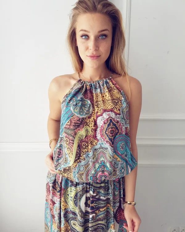 Женщины Boho Платье Богемный Стиль Тотем Цветок Печатных Холтер Шеи Без Рукавов